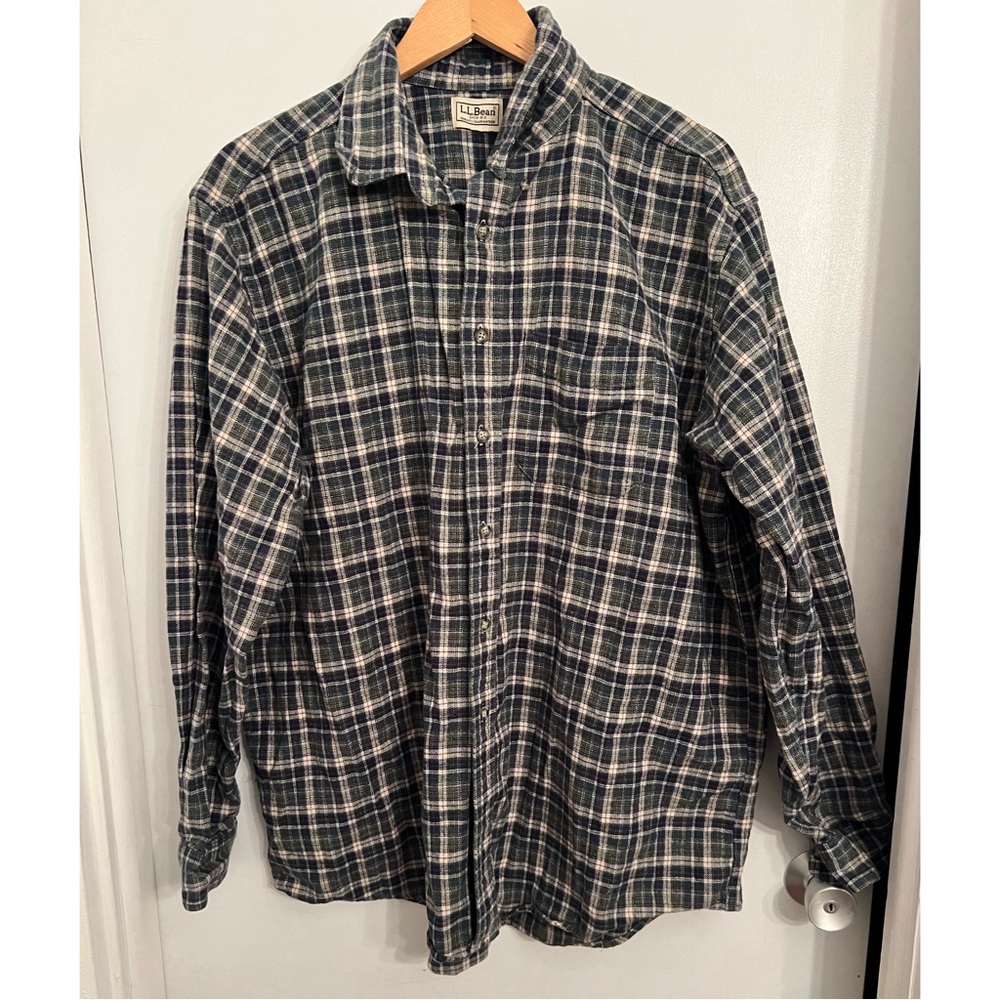 LL Bean Plaid Shirt Long Sleeve Green white mens button down flannel shirt top